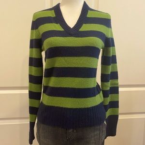 J. Crew Green and Navy Striped V-Neck Sweater